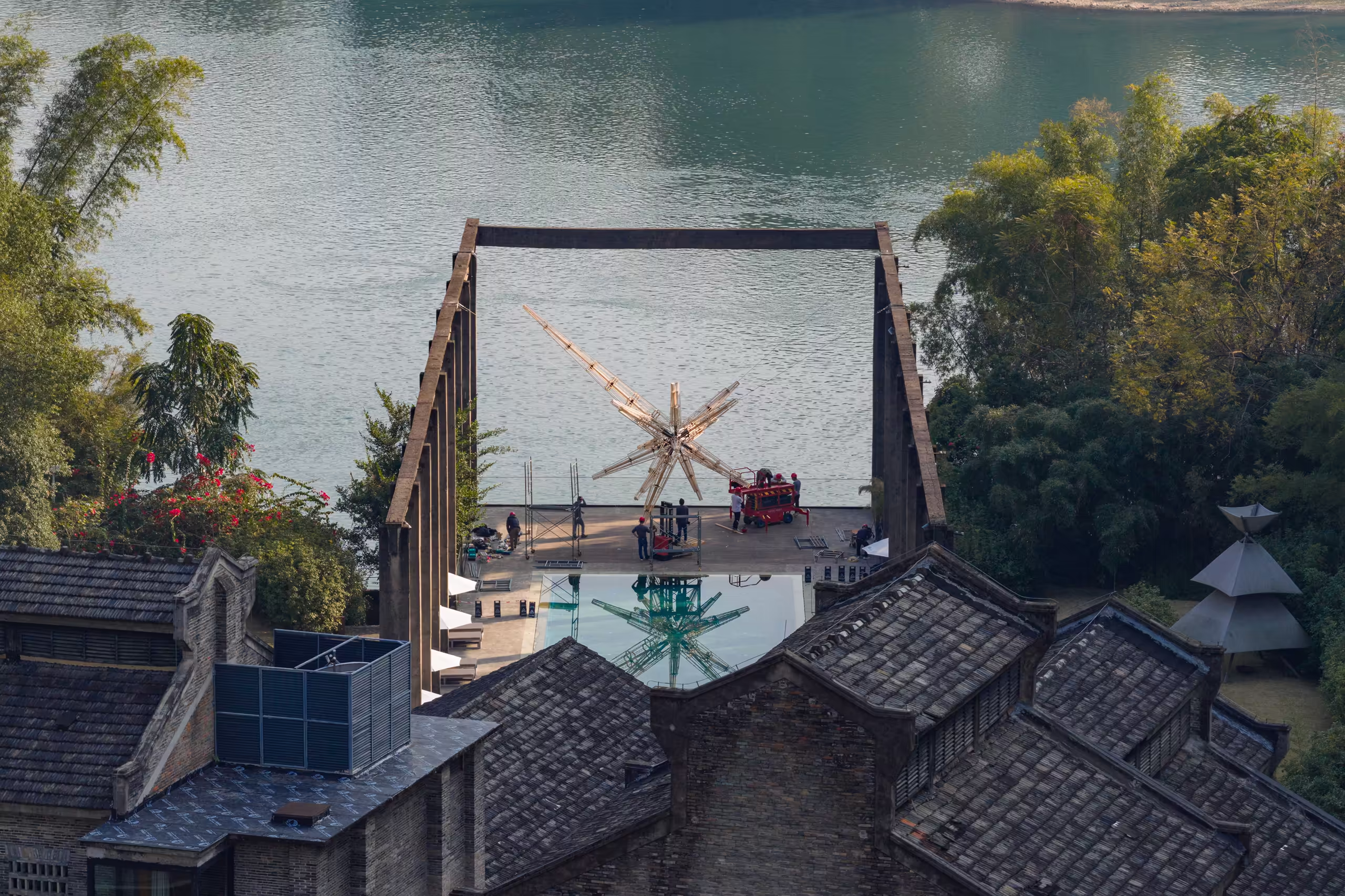 The "Super Star" installation hanging by the Li River in Yangshuo Guilin